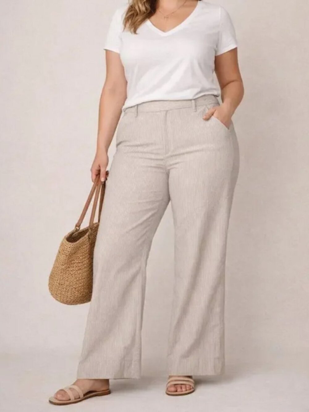 Lauren Ralph Lauren Cotton Seersucker Cream White Striped Pants size 16